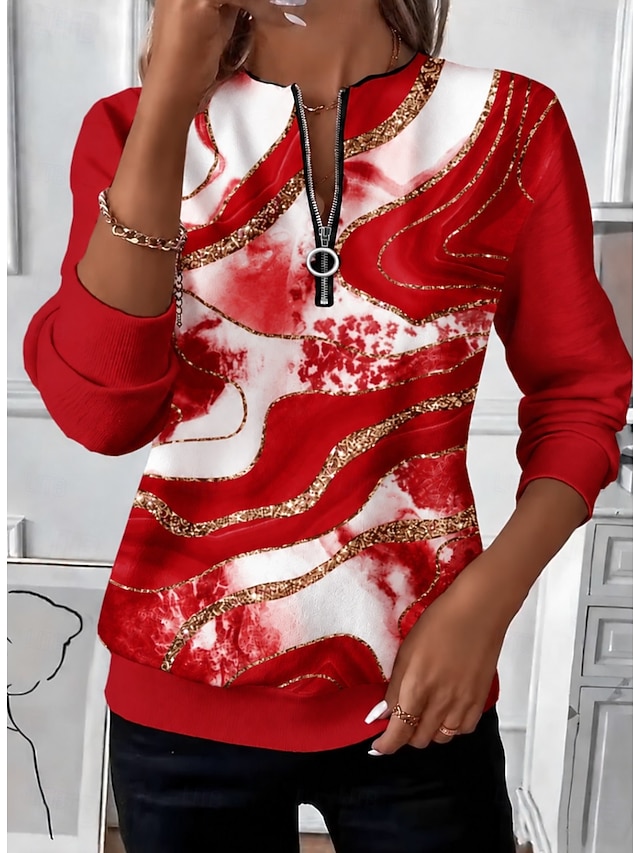 🤍[Buy 2 Free Shipping] Women’s Casual Round Neck Top Contrast Zip Print Long Sleeve Blouse