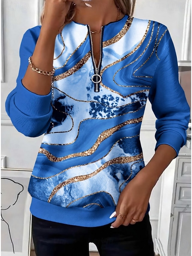 🤍[Buy 2 Free Shipping] Women’s Casual Round Neck Top Contrast Zip Print Long Sleeve Blouse