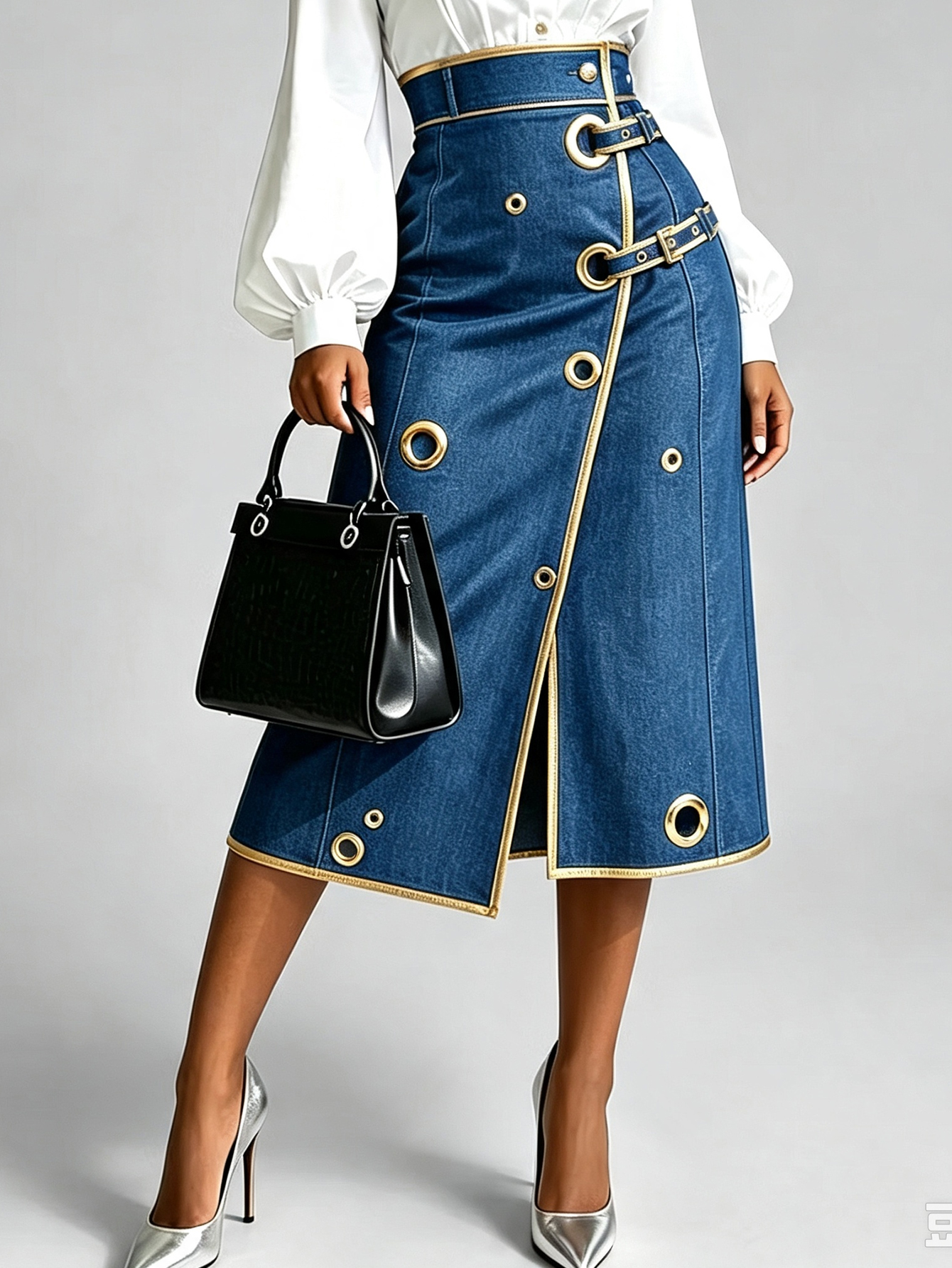 Women’s Denim Midi Skirt, Gold Trim Eyelet Embellished High Waist Wrap Skirt