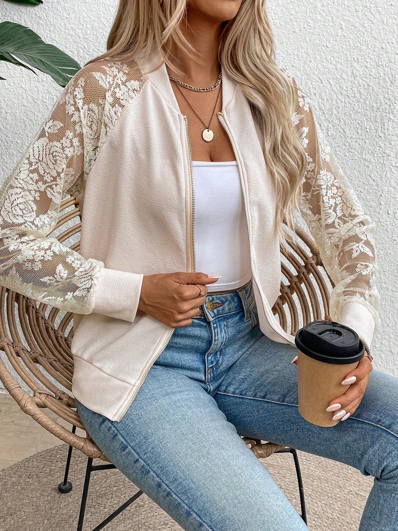 Floral Lace Raglan Sleeve Zip Up Bomber Jacket