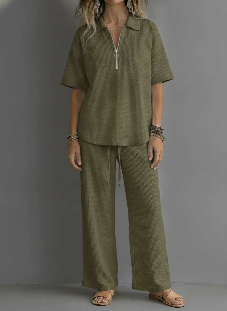 Women’s Waffle Knit 2 Piece Outfit, Half Zip Polo Top & Drawstring Wide Leg Pants Loungewear Set