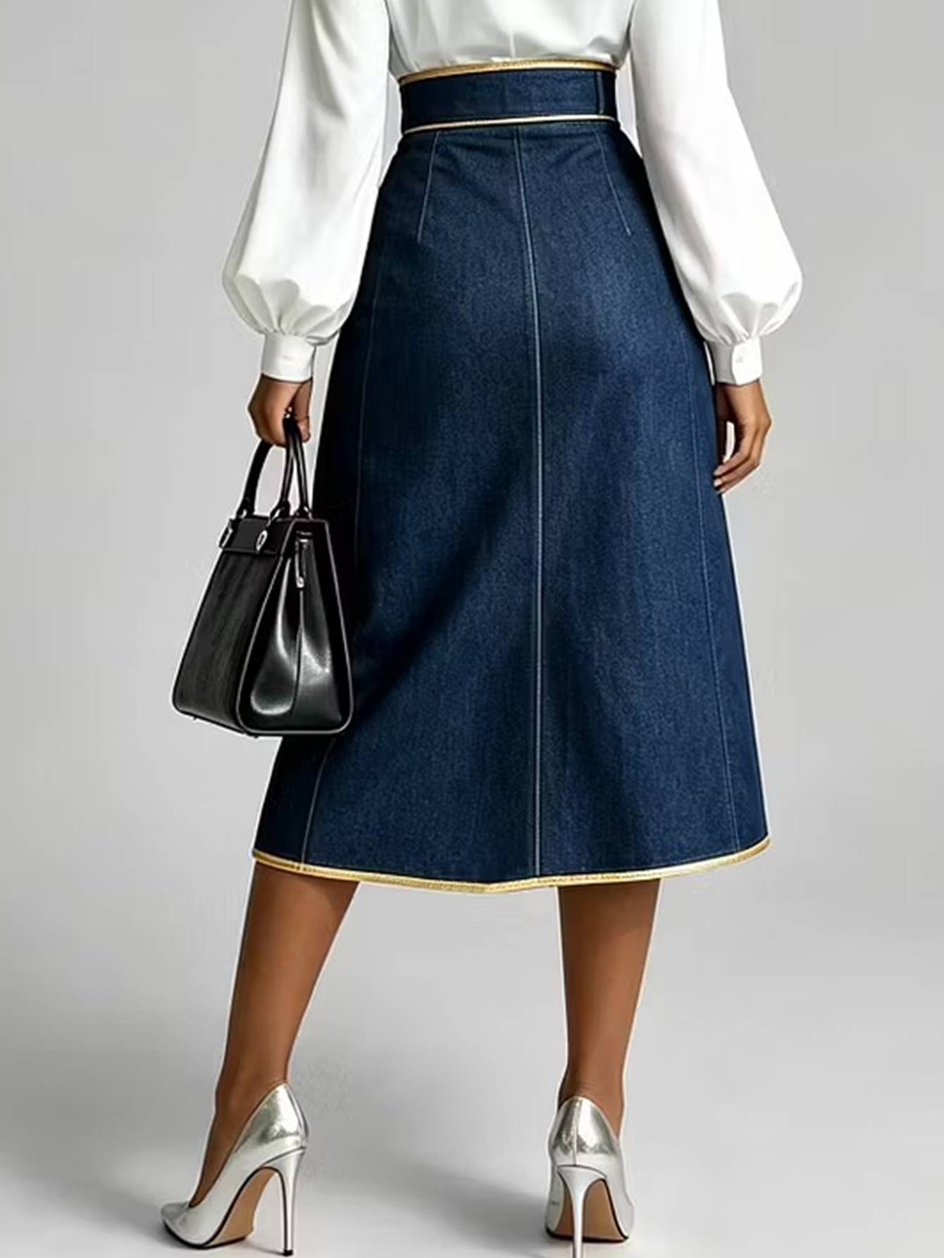 Women’s Denim Midi Skirt, Gold Trim Eyelet Embellished High Waist Wrap Skirt