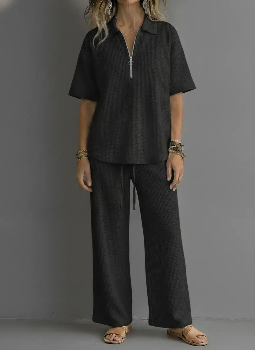 Women’s Waffle Knit 2 Piece Outfit, Half Zip Polo Top & Drawstring Wide Leg Pants Loungewear Set