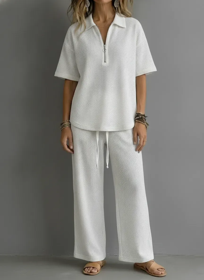 Women’s Waffle Knit 2 Piece Outfit, Half Zip Polo Top & Drawstring Wide Leg Pants Loungewear Set