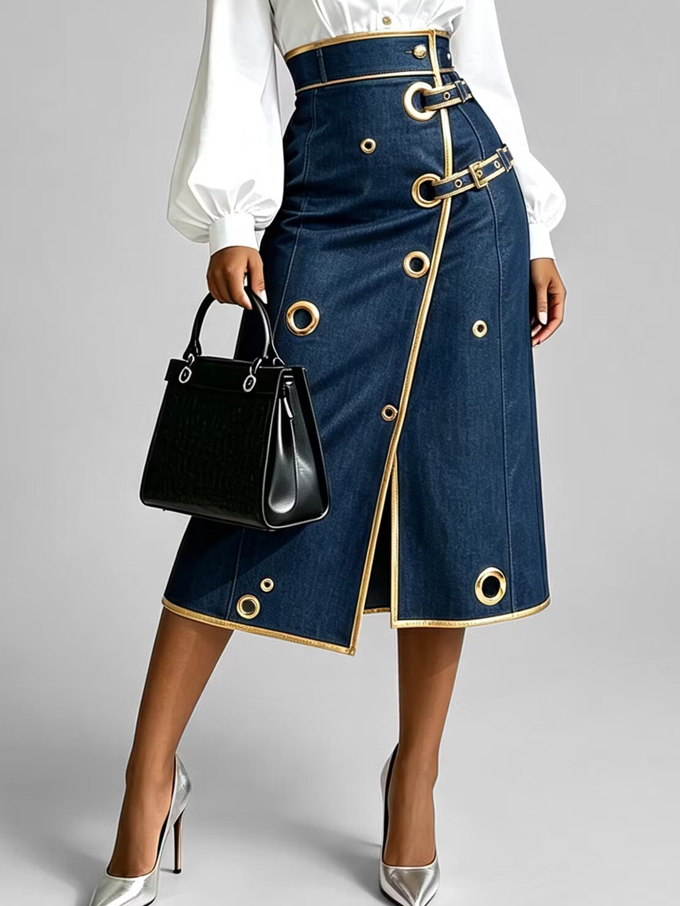 Women’s Denim Midi Skirt, Gold Trim Eyelet Embellished High Waist Wrap Skirt