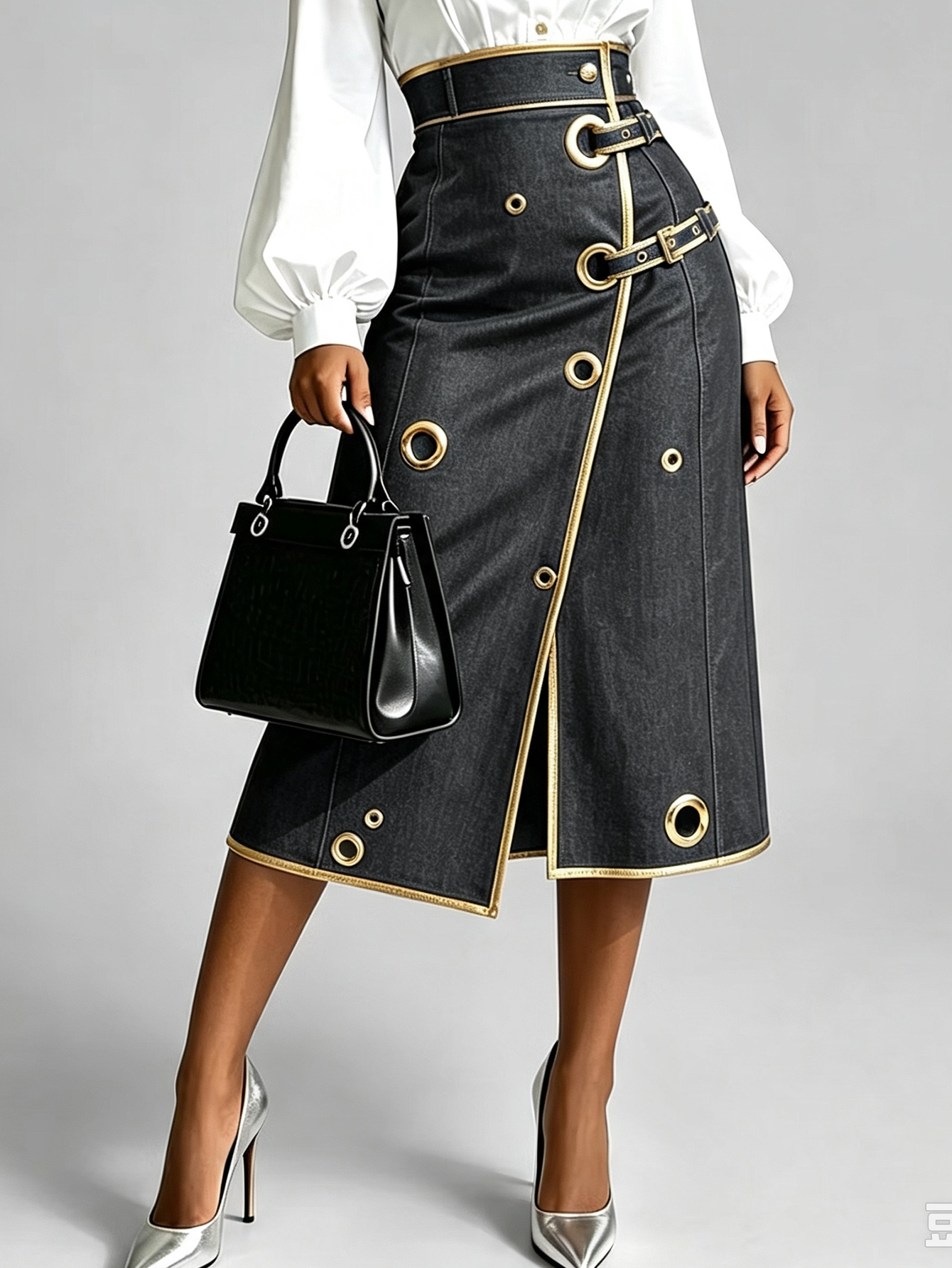Women’s Denim Midi Skirt, Gold Trim Eyelet Embellished High Waist Wrap Skirt