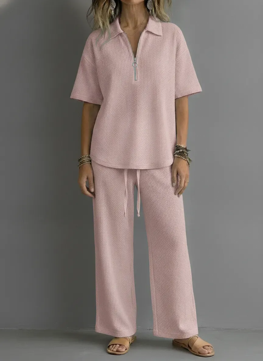 Women’s Waffle Knit 2 Piece Outfit, Half Zip Polo Top & Drawstring Wide Leg Pants Loungewear Set