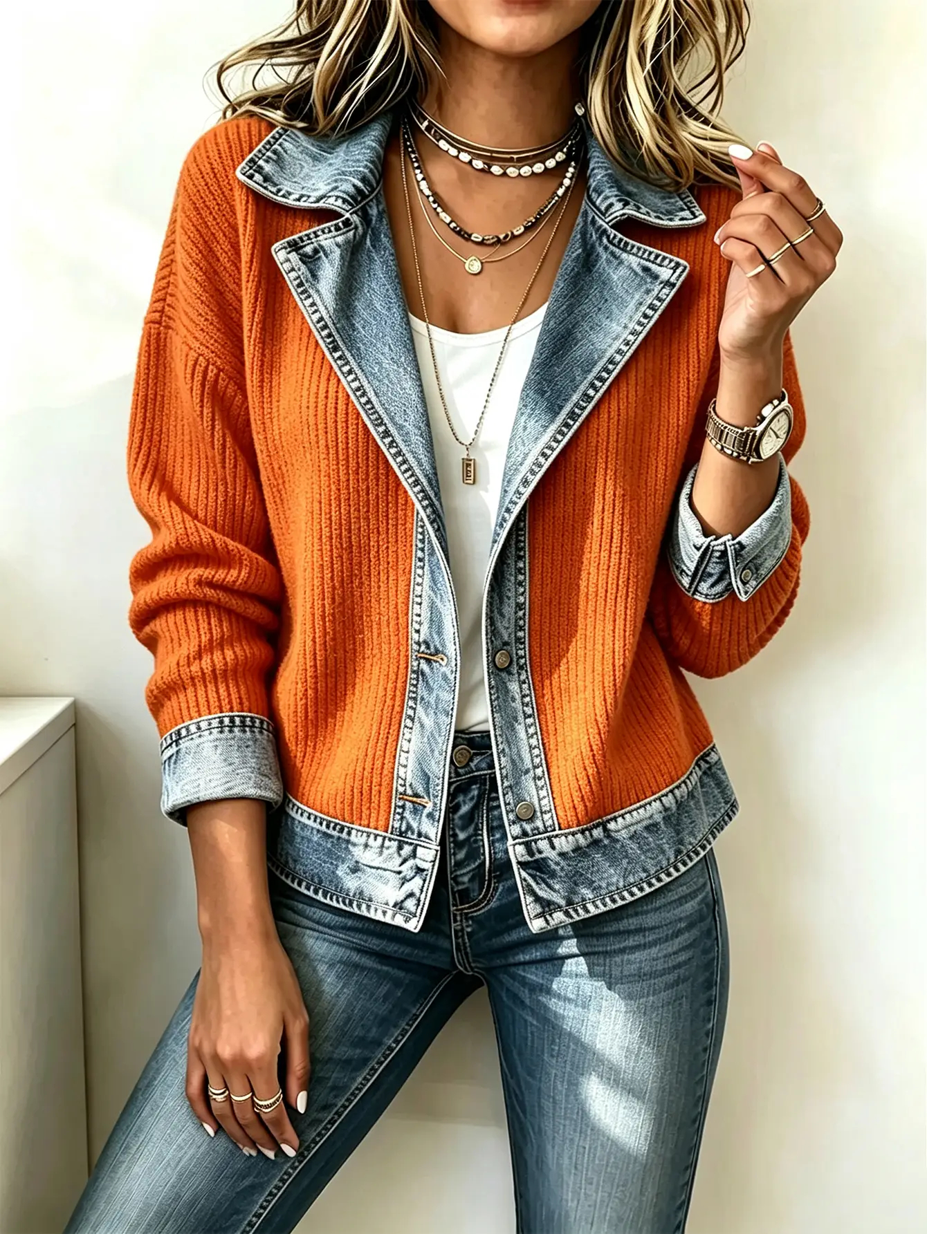 Women's Faux Suede & Denim Patchwork Jacket Button Front Lapel Casual Long Sleeve Coat
