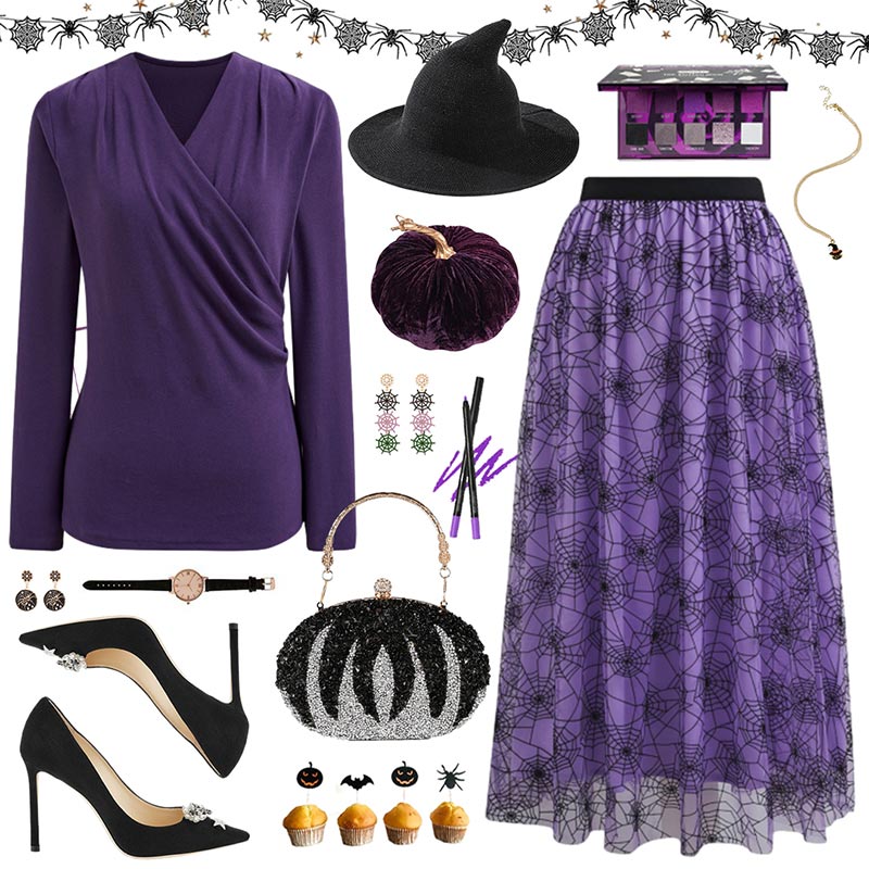 Women’s Halloween Purple Spider Web Mesh Overlay High Waist A-Line Midi Skirt