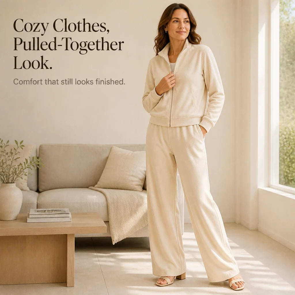 Velvet Zip-Front Top And Wide-Leg Pants Set