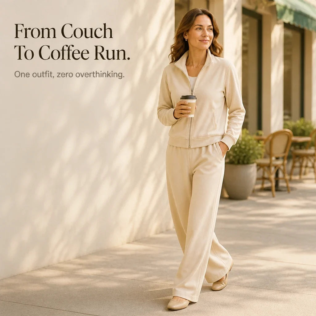 Velvet Zip-Front Top And Wide-Leg Pants Set