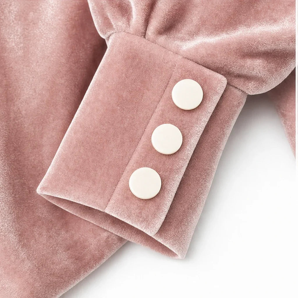 Draped Neck Velvet-Look Top With Button Cuffs