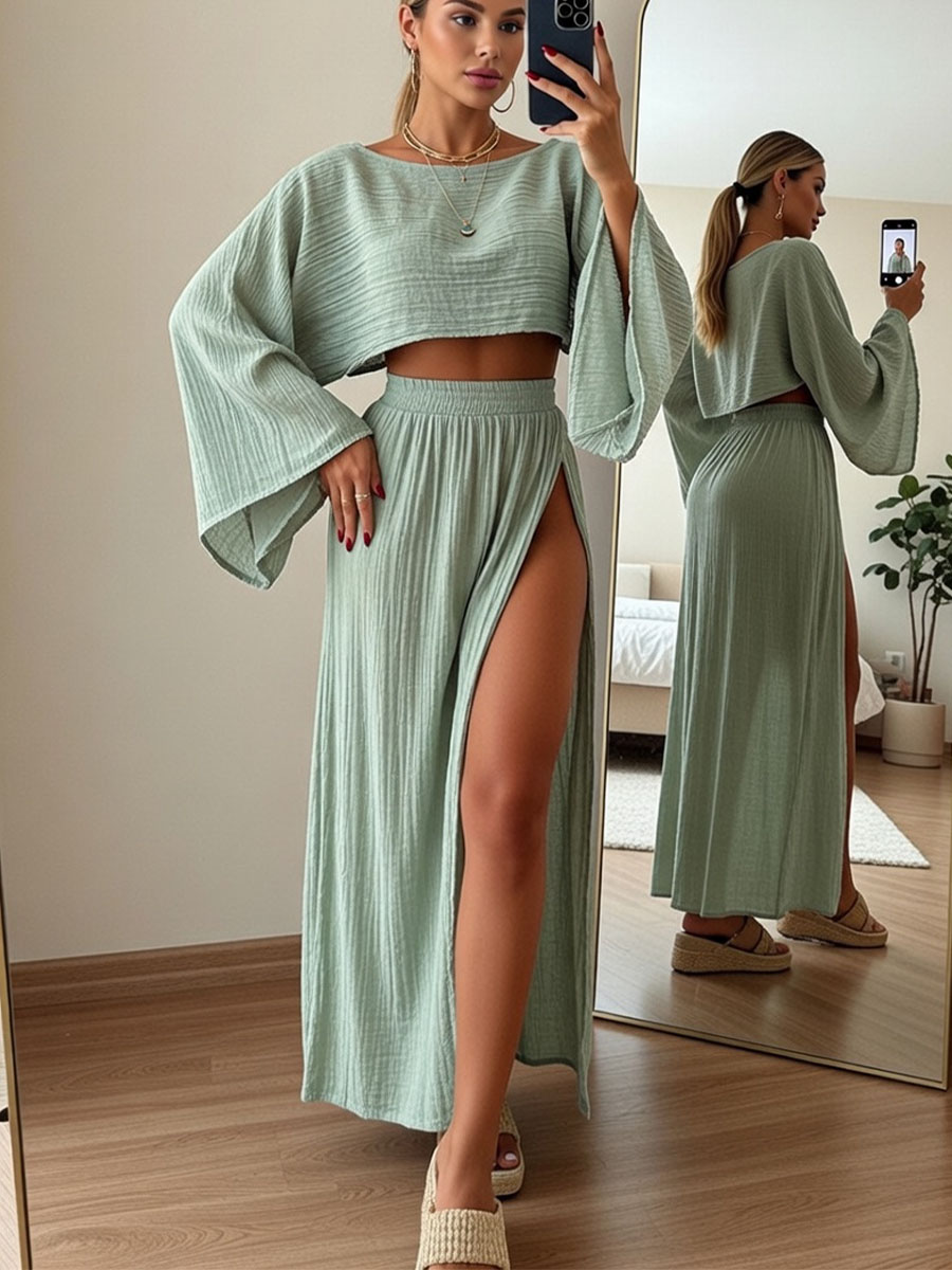 Chic slit cotton and linen casual two-piece set
