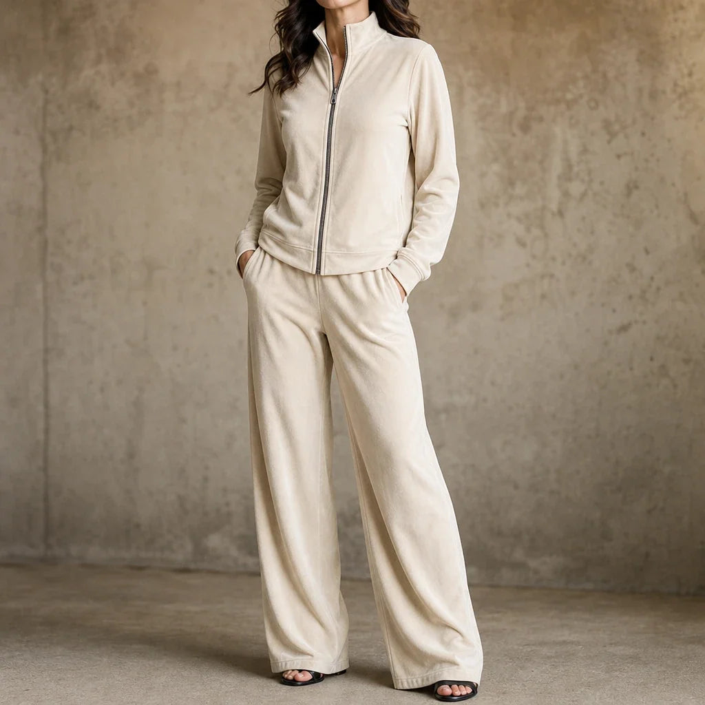 Velvet Zip-Front Top And Wide-Leg Pants Set