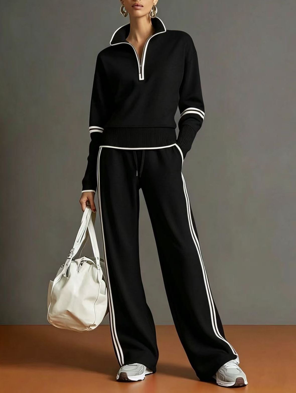 Women’s Color Block Track Set Quarter Zip Stand Collar Top & Wide Leg Pants Casual 2 Piece Outfit