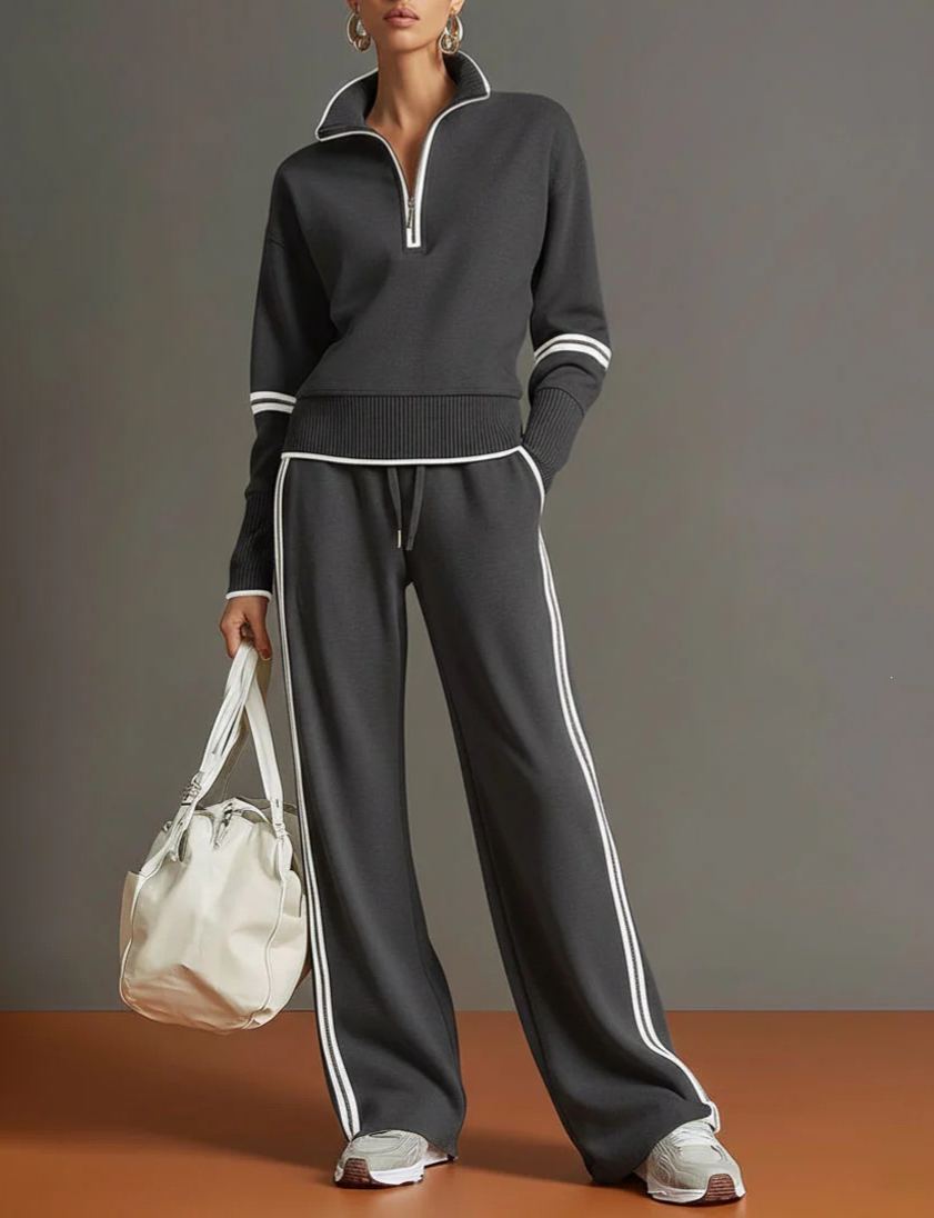 Women’s Color Block Track Set Quarter Zip Stand Collar Top & Wide Leg Pants Casual 2 Piece Outfit