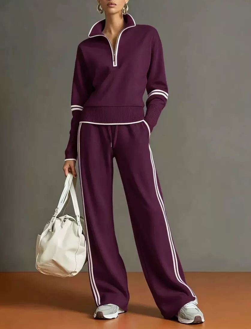 Women’s Color Block Track Set Quarter Zip Stand Collar Top & Wide Leg Pants Casual 2 Piece Outfit