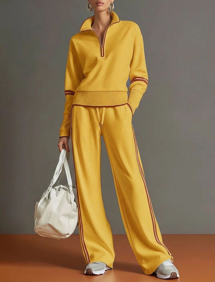 Women’s Color Block Track Set Quarter Zip Stand Collar Top & Wide Leg Pants Casual 2 Piece Outfit