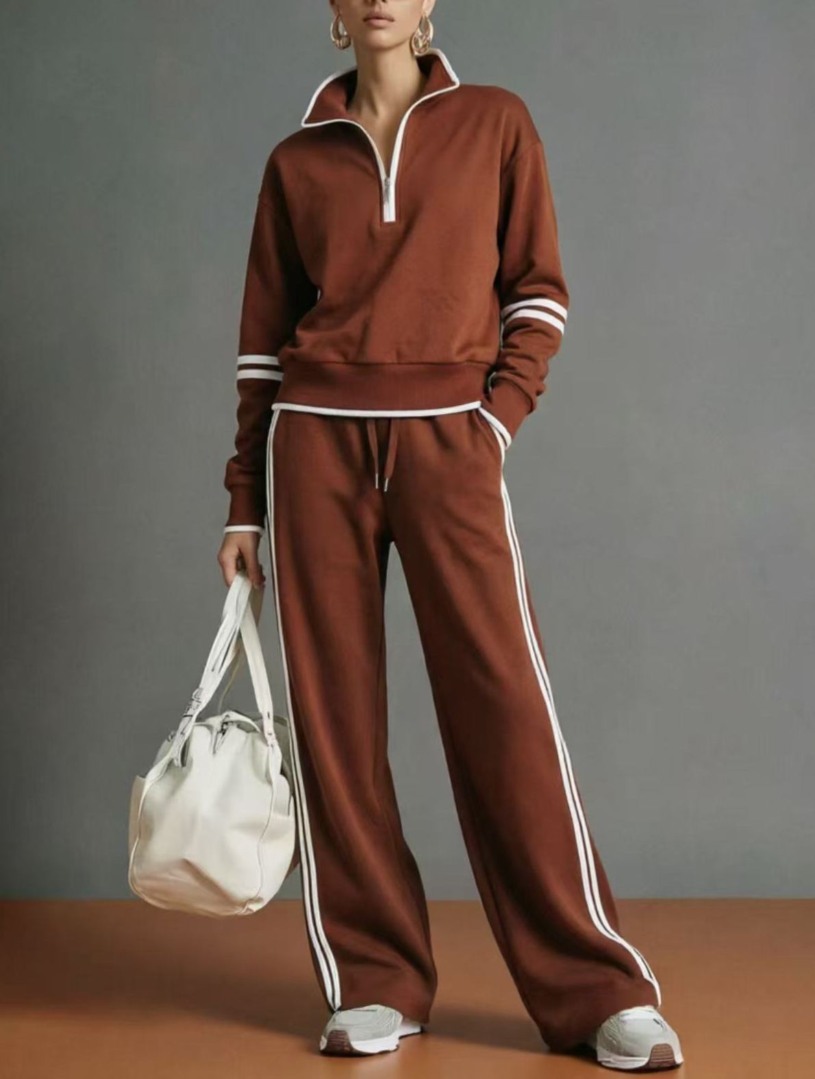 Women’s Color Block Track Set Quarter Zip Stand Collar Top & Wide Leg Pants Casual 2 Piece Outfit
