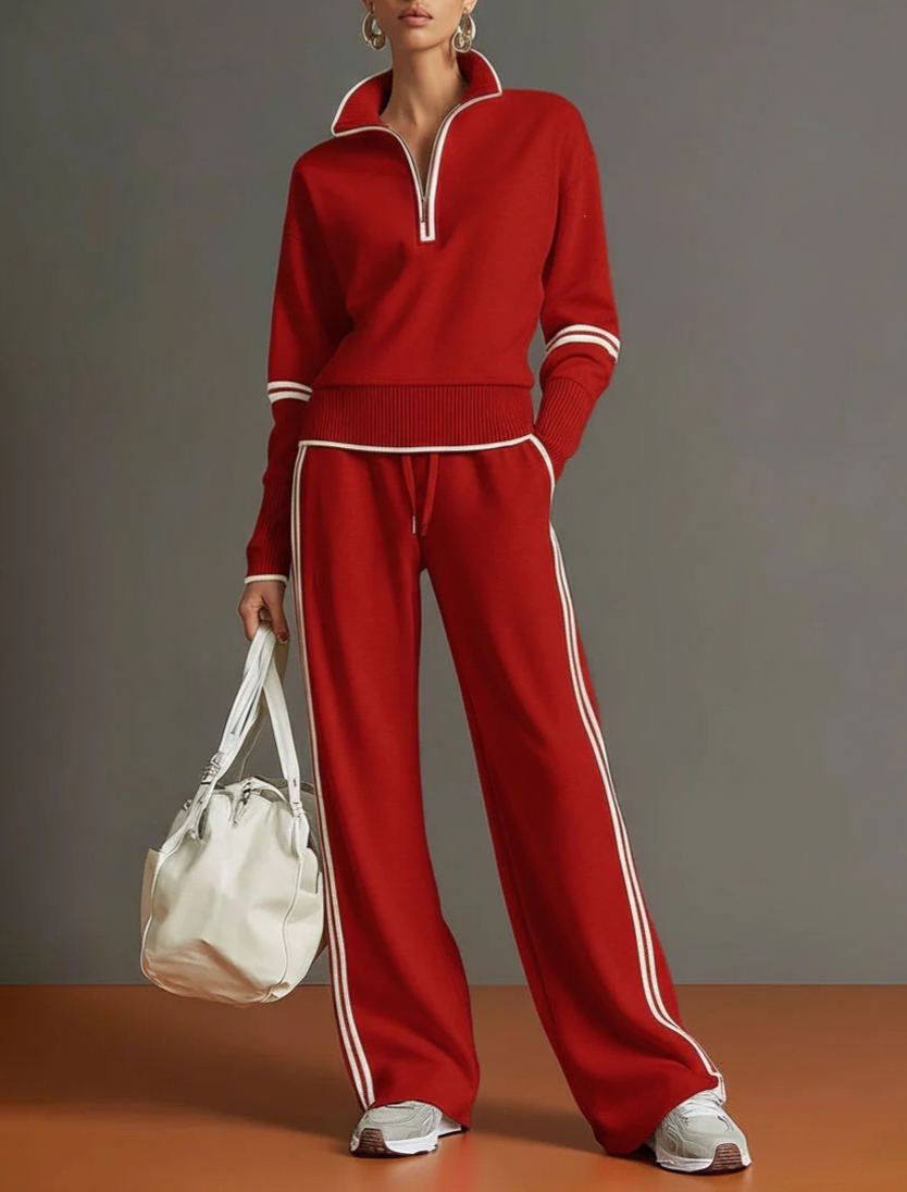 Women’s Color Block Track Set Quarter Zip Stand Collar Top & Wide Leg Pants Casual 2 Piece Outfit