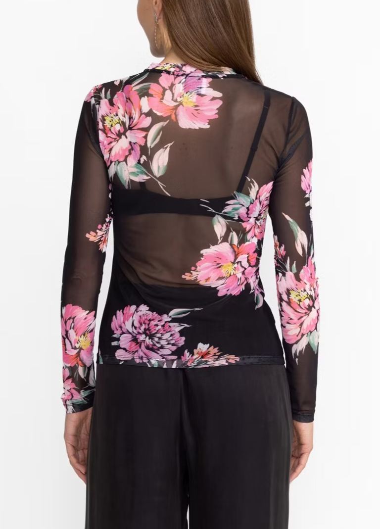 Women’s Floral Mesh Top Sheer Long Sleeve Printed Blouse Slim Fit Layering Shirt