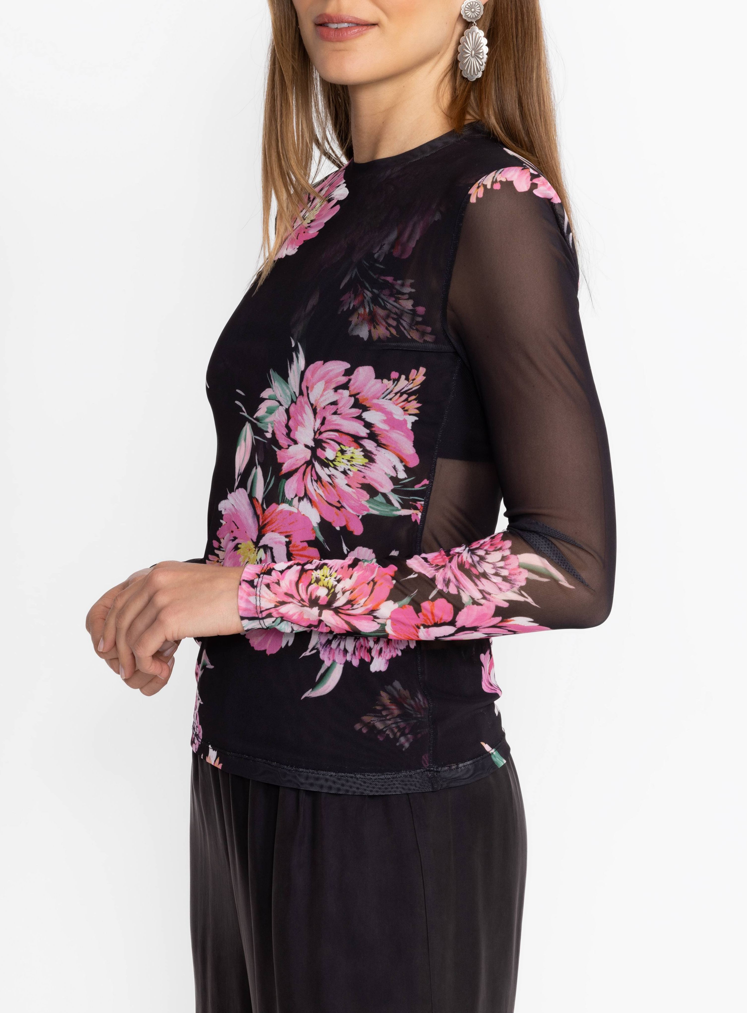 Women’s Floral Mesh Top Sheer Long Sleeve Printed Blouse Slim Fit Layering Shirt