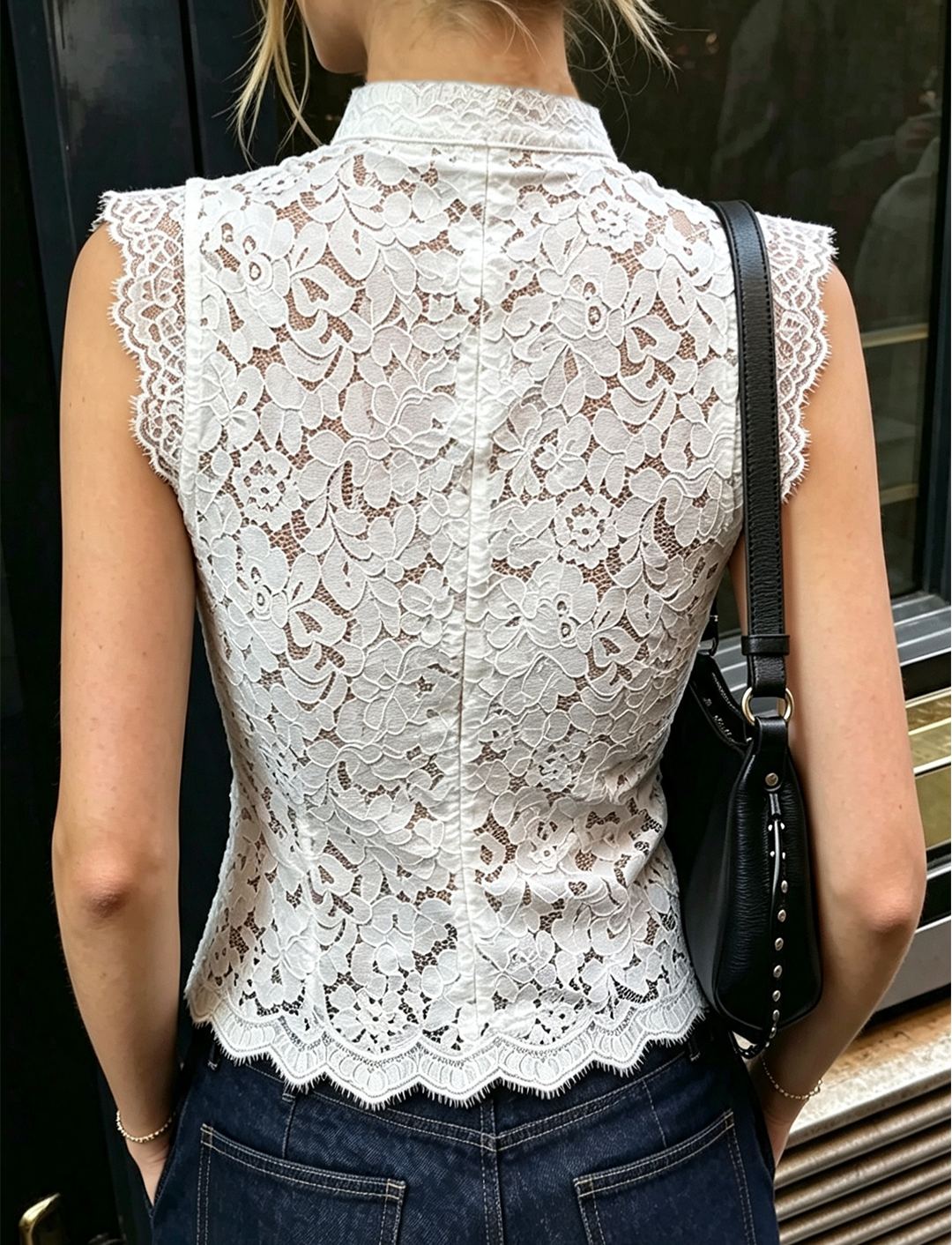 Women’s Chinese Frog Button Lace Sleeveless Mandarin Collar Crop Top 中文标题