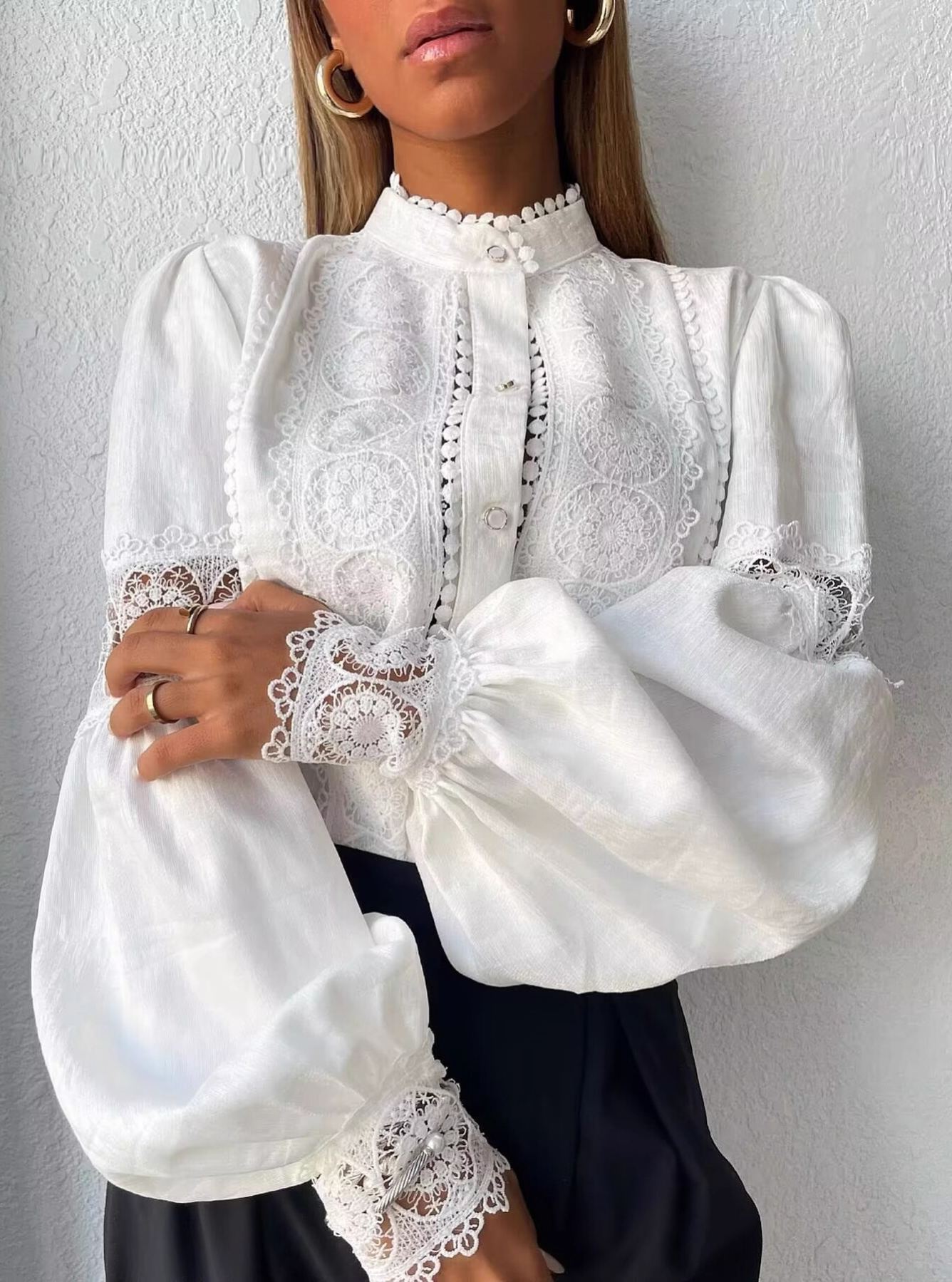 Women’s Lace Patchwork Stand Collar Puff Lantern Long Sleeve Button Down Blouse