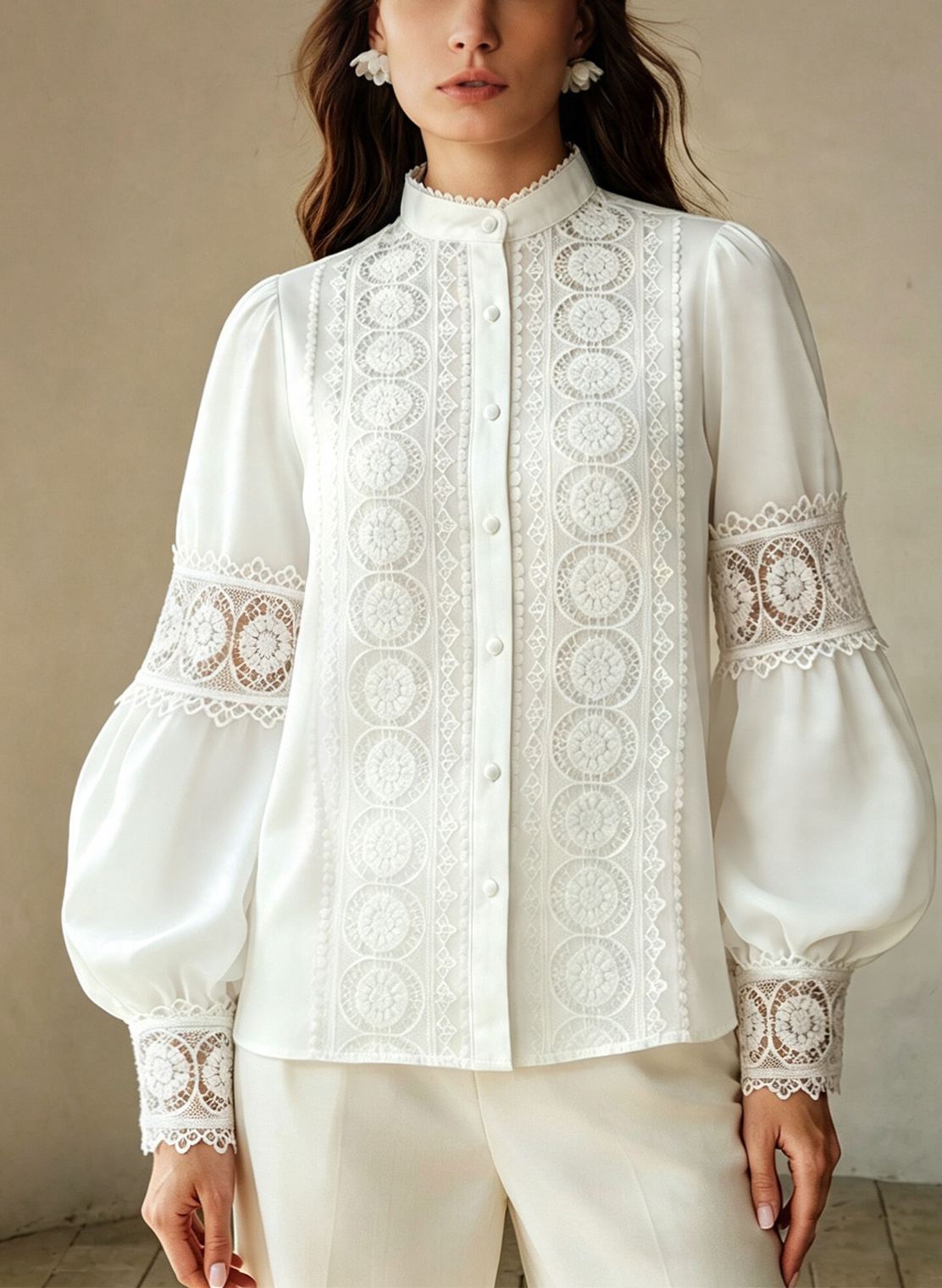 Women’s Lace Patchwork Stand Collar Puff Lantern Long Sleeve Button Down Blouse