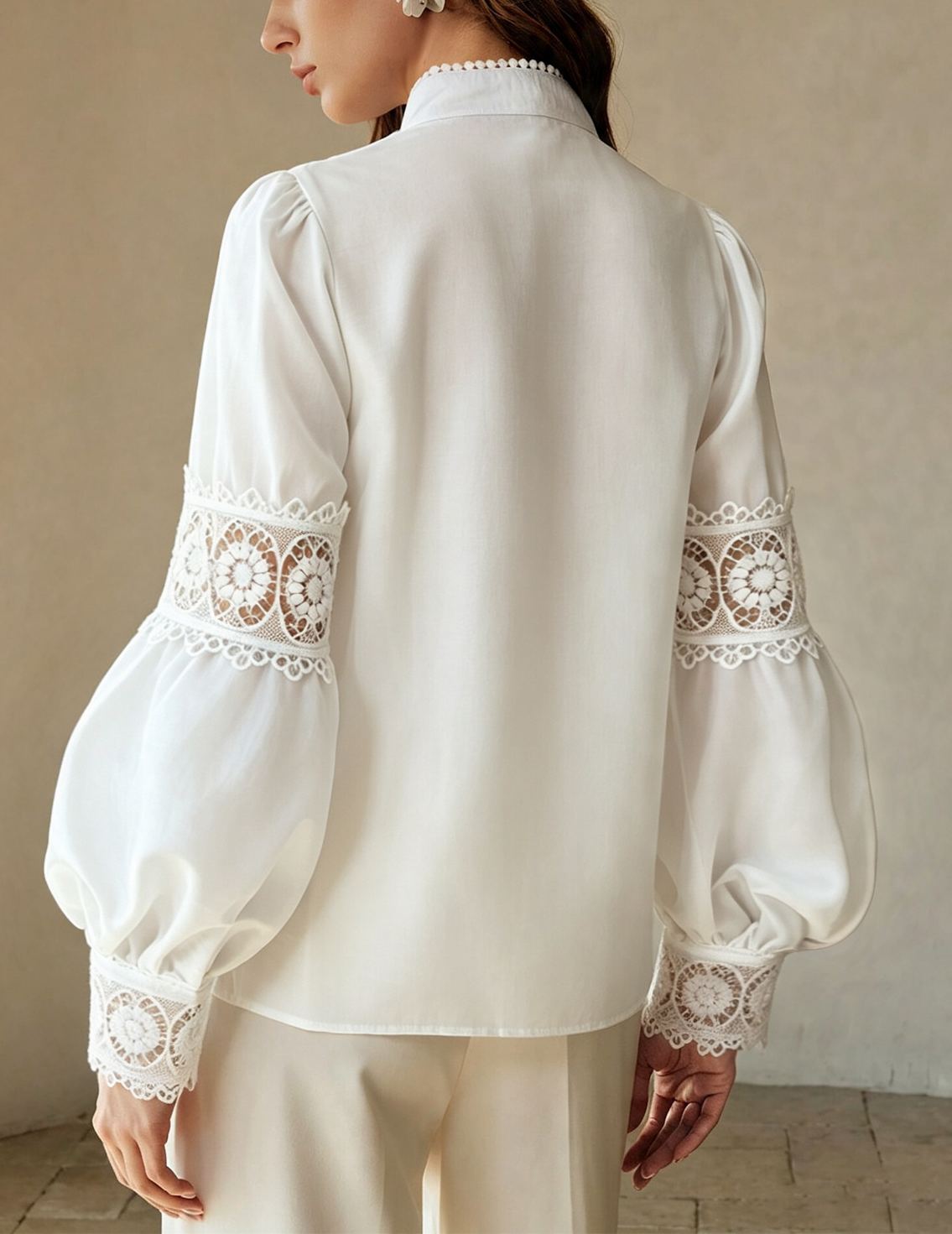 Women’s Lace Patchwork Stand Collar Puff Lantern Long Sleeve Button Down Blouse