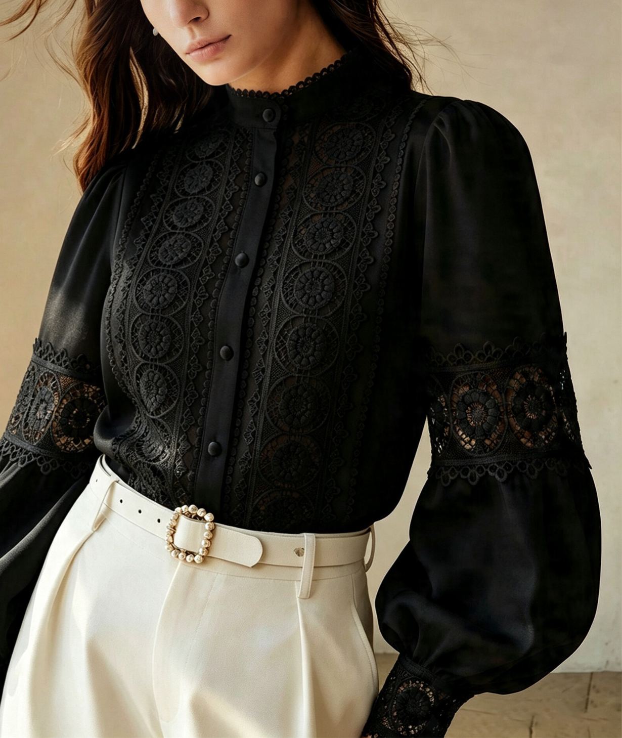 Women’s Lace Patchwork Stand Collar Puff Lantern Long Sleeve Button Down Blouse