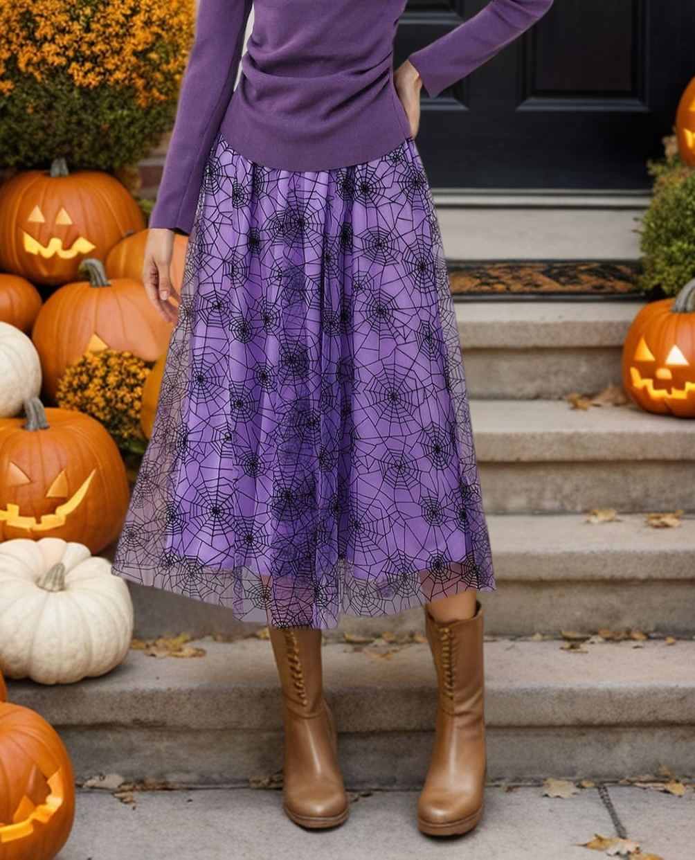 Cobweb Mystique Mesh Tulle Midi Skirt in Purple Halloween Costumes