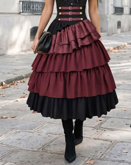 Steampunk Layered Ruffle Corset-Waist Maxi Skirt in Red for Themed Parties & Vintage Photoshoots