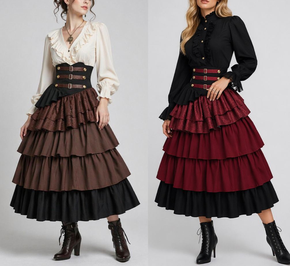Steampunk Layered Ruffle Corset-Waist Maxi Skirt in Red for Themed Parties & Vintage Photoshoots