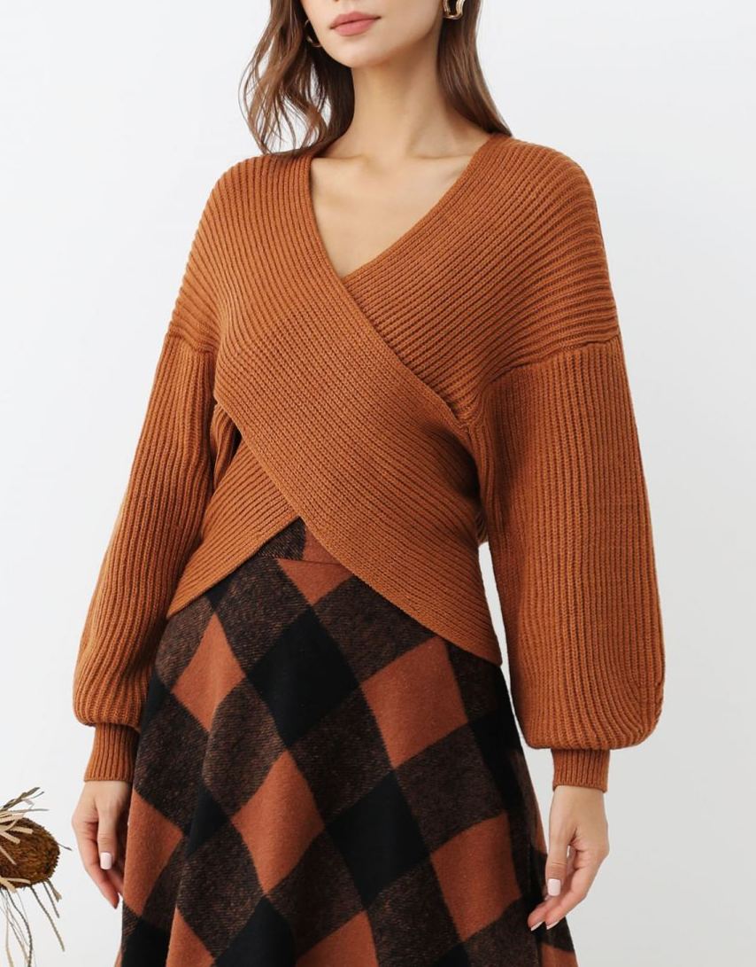 Crisscross Ribbed Knit Crop Sweater in Caramel