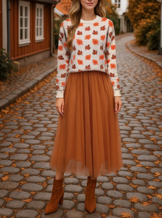 Women’s Halloween Pumpkin Tulle Midi Skirt Elastic Waist Swing A-Line Skirt