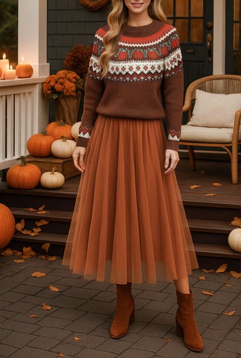 Women’s Halloween Pumpkin Tulle Midi Skirt Elastic Waist Swing A-Line Skirt