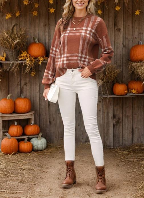 Women’s Halloween Pumpkin Plaid Knit Sweater Long Sleeve Fall Pullover Top