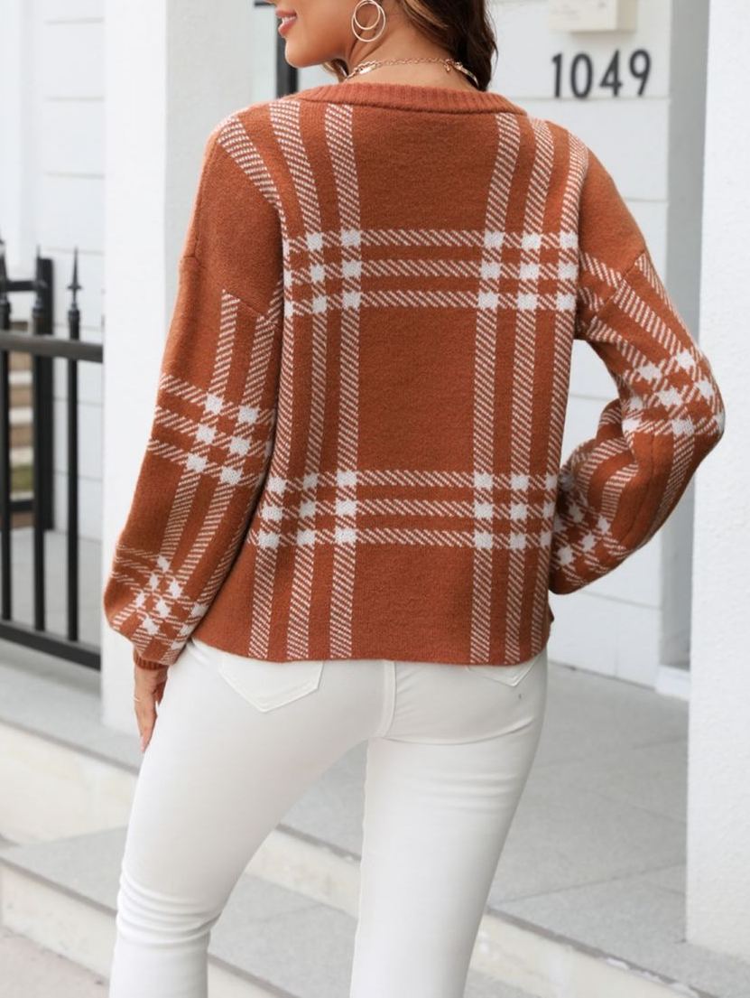 Women’s Halloween Pumpkin Plaid Knit Sweater Long Sleeve Fall Pullover Top