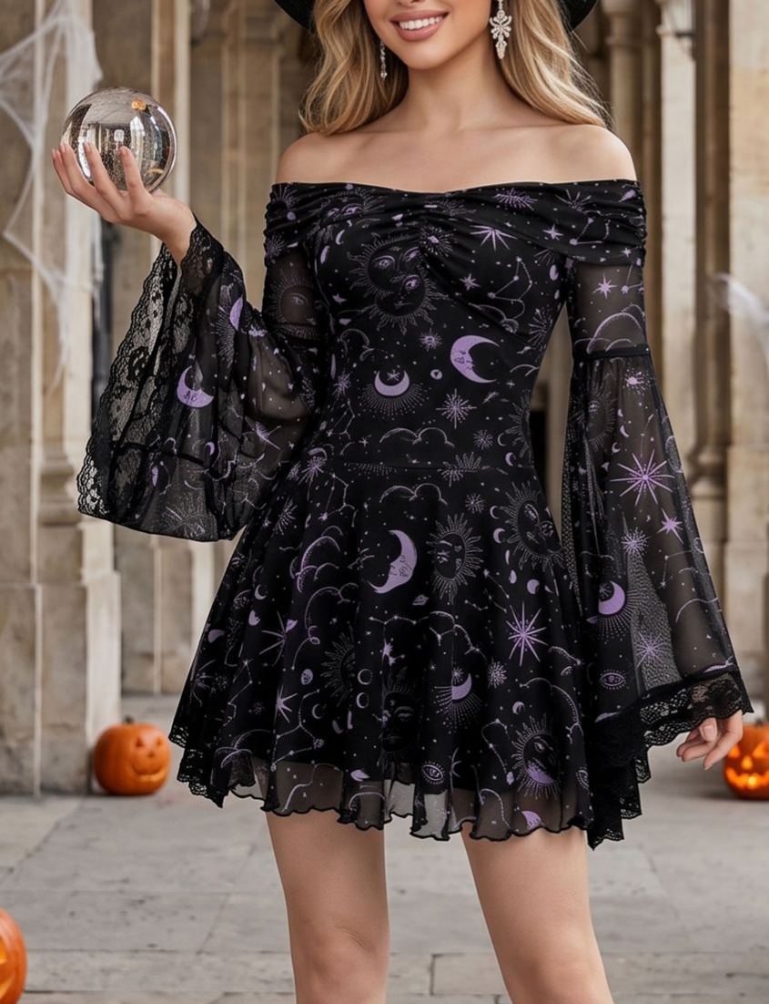 Dark Celestial Off-Shoulder Flare Sleeve Mini Dress in Purple for Halloween Gathering & Themed Photoshoot