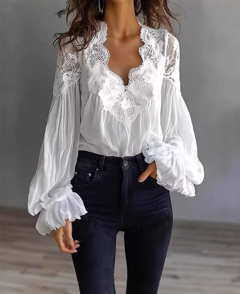 Lace V-Neck Lantern Sleeve Blouse