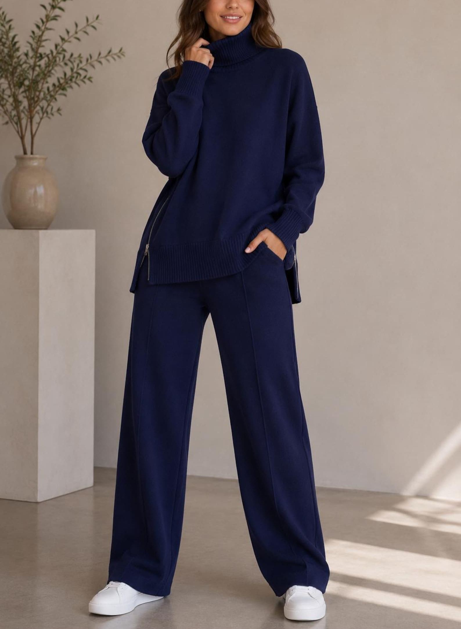 Women’s Turtleneck Sweater & Straight Leg Pants Set Knit Loungewear 2-Piece Outfit