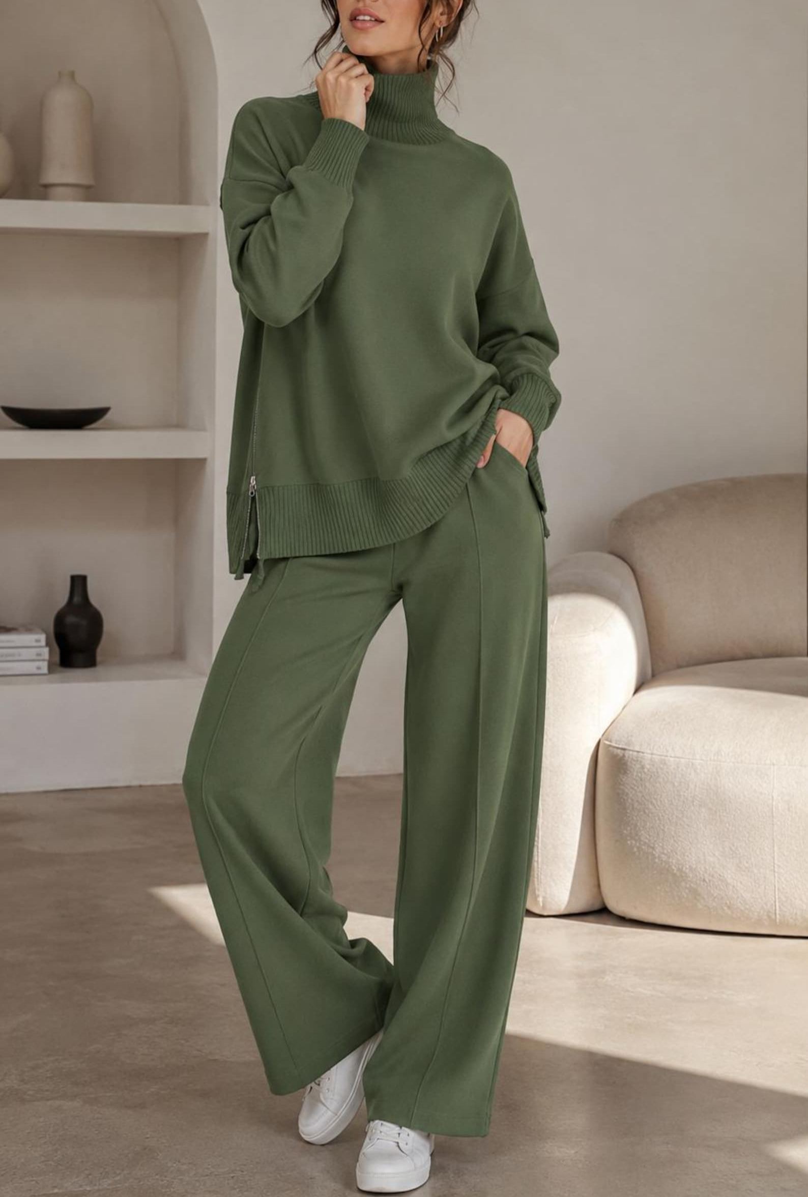 Women’s Turtleneck Sweater & Straight Leg Pants Set Knit Loungewear 2-Piece Outfit