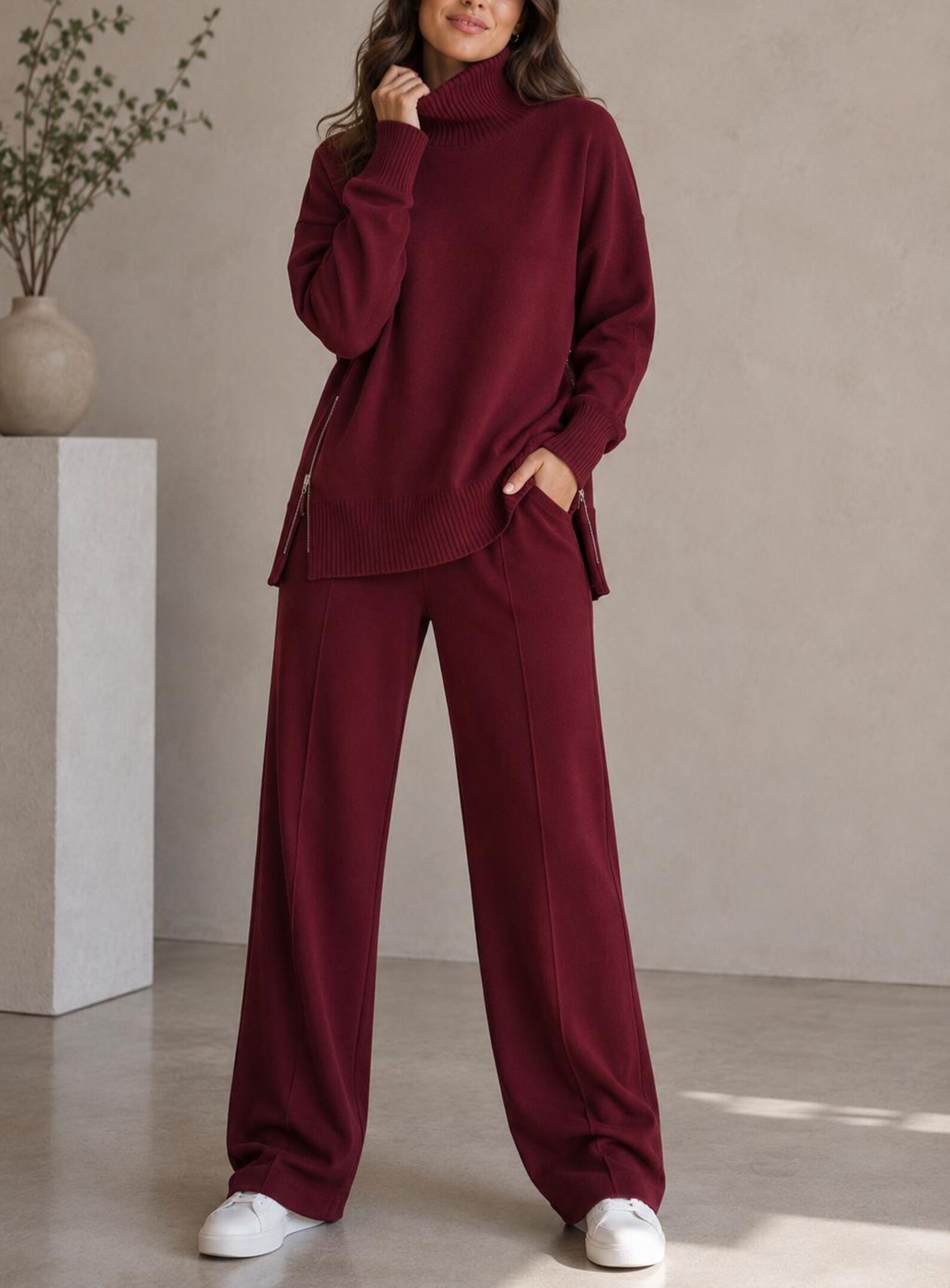 Women’s Turtleneck Sweater & Straight Leg Pants Set Knit Loungewear 2-Piece Outfit