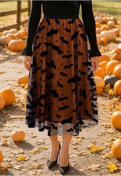 Women’s Halloween Bat Star Mesh Overlay High Waist A-Line Midi Skirt