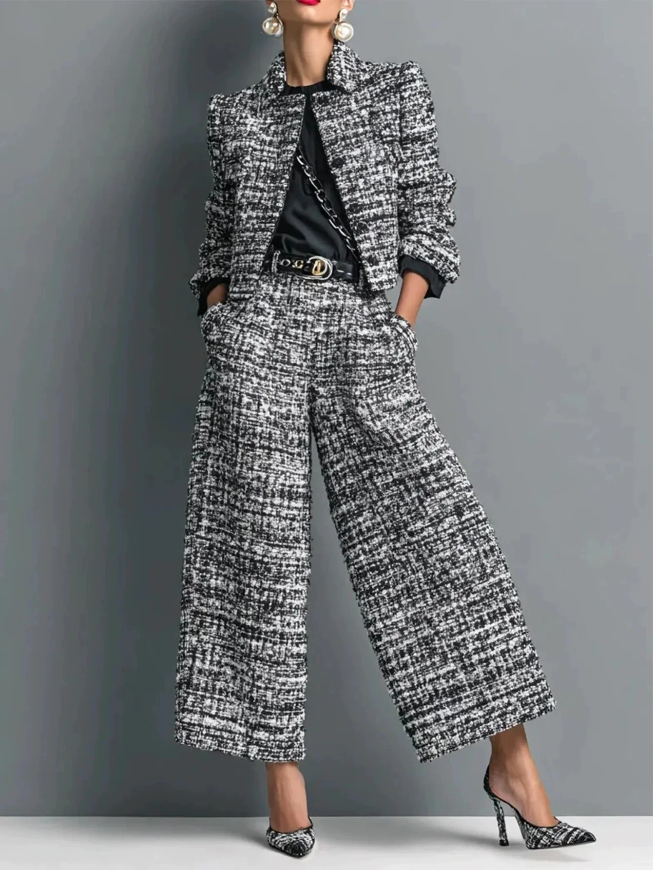 🎃Halloween Sale🎃Tweed Jacket Wide Leg Pants Set