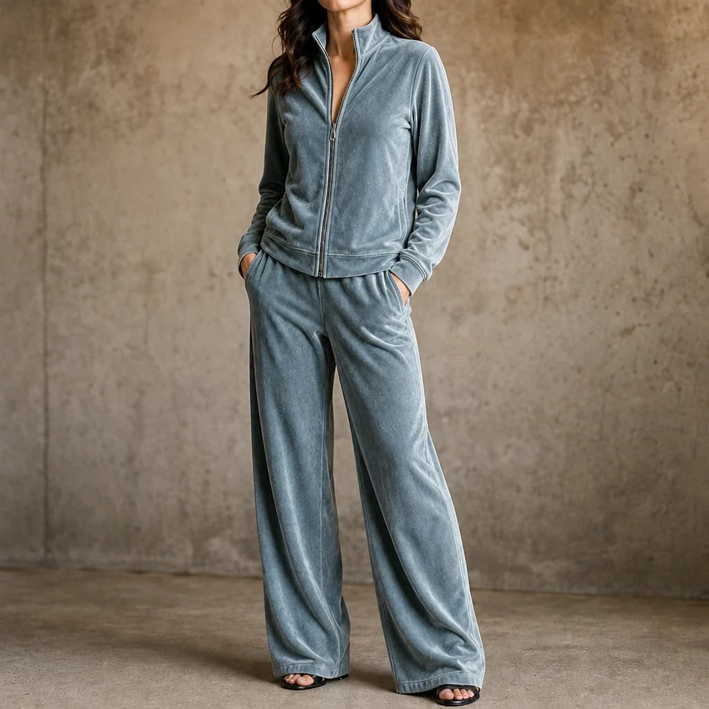 Velvet Zip-Front Top And Wide-Leg Pants Set