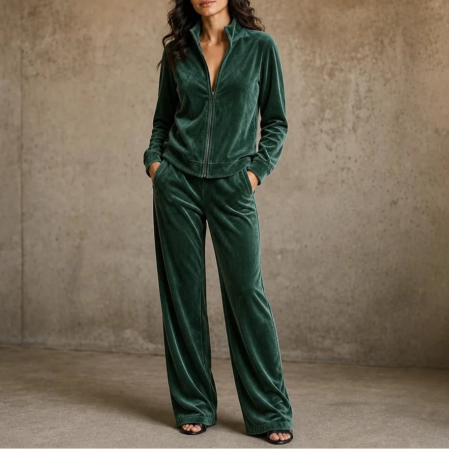 Velvet Zip-Front Top And Wide-Leg Pants Set
