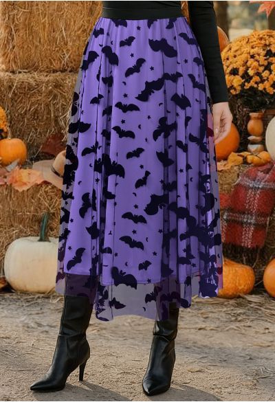 Women’s Halloween Bat Star Mesh Overlay High Waist A-Line Midi Skirt
