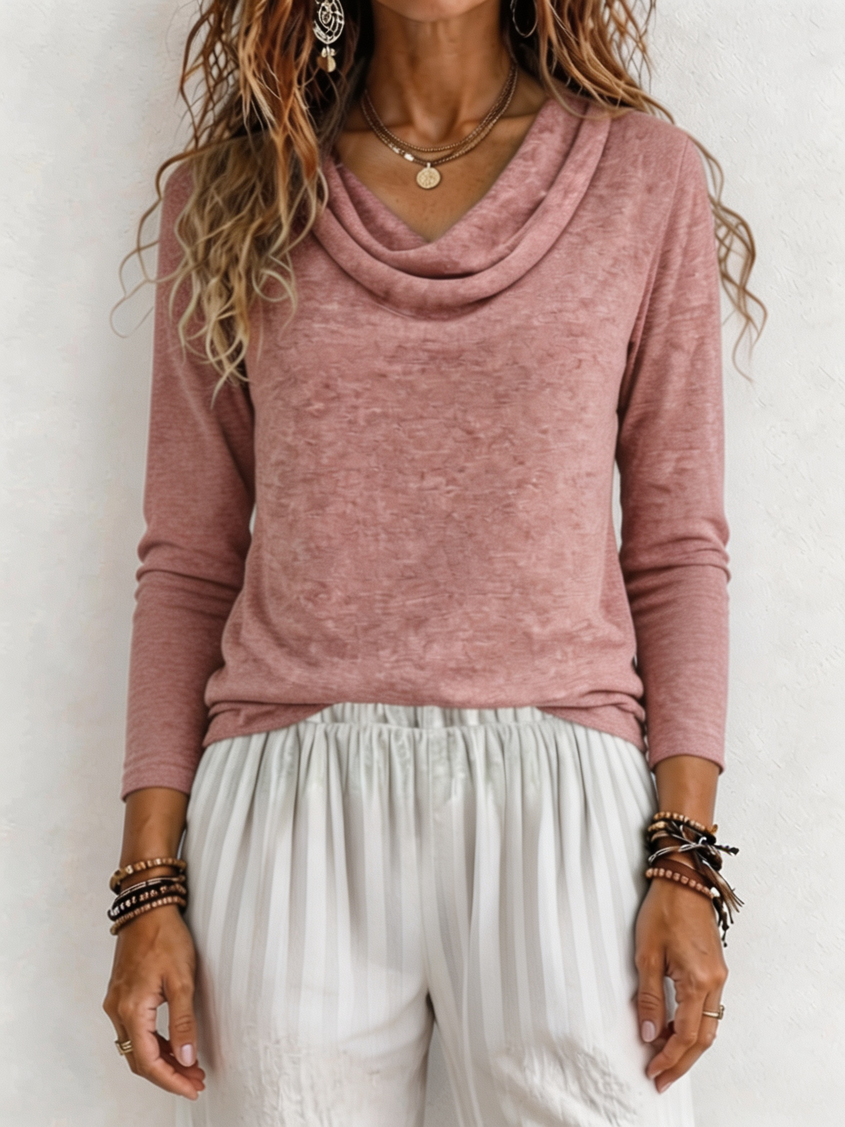 Women Casual Cowl Neck Long-Sleeve Top